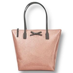 Kate Spade Rose Gold Glitter Small Tote Bag Sparkle Brown Bow‎ Holiday Party